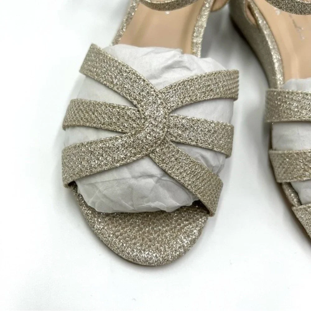 Paradox London Womens Size 7‎ Jackie Low Wedge Champagne Shimmer Dress Sandals